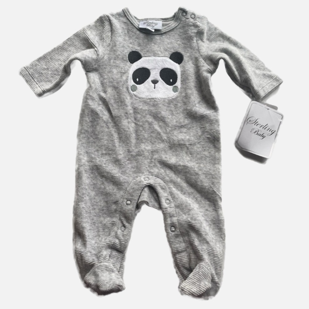 Swirling Baby New Ribbed velour Striped Gray Panda Footie